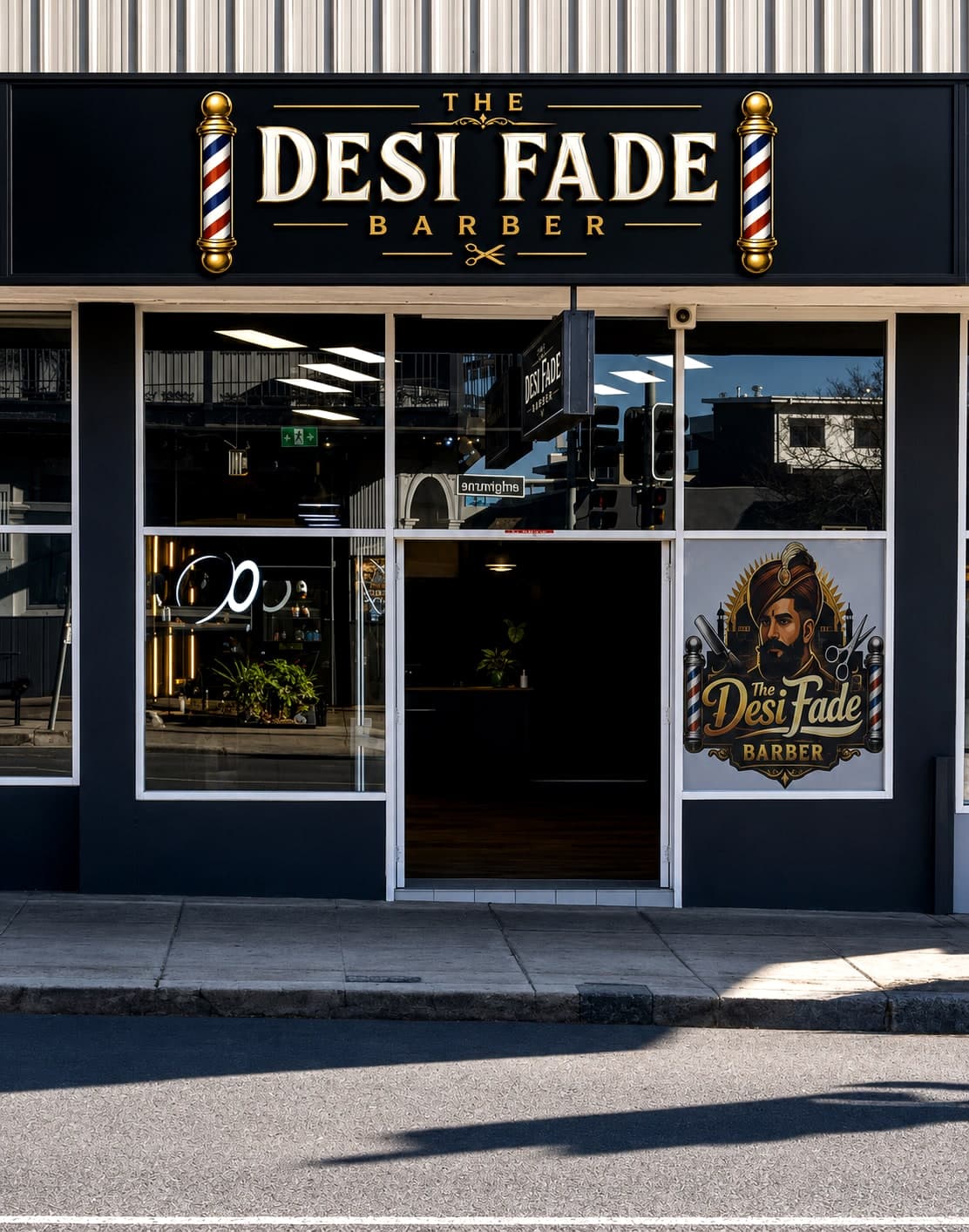 The Desi Fade Barber storefront on Nelson Street, Wallsend — black facade with gold lettering and barber poles