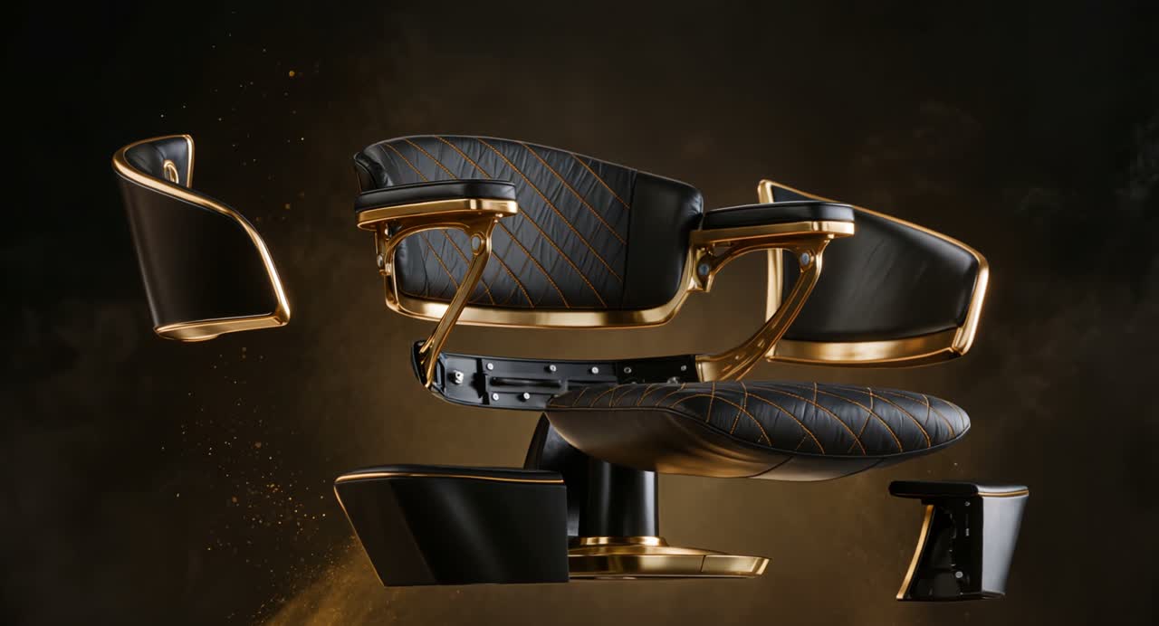 Exploded view of a sleek modern barber chair — quilted leather panels and gold-trimmed components floating apart under warm gold light