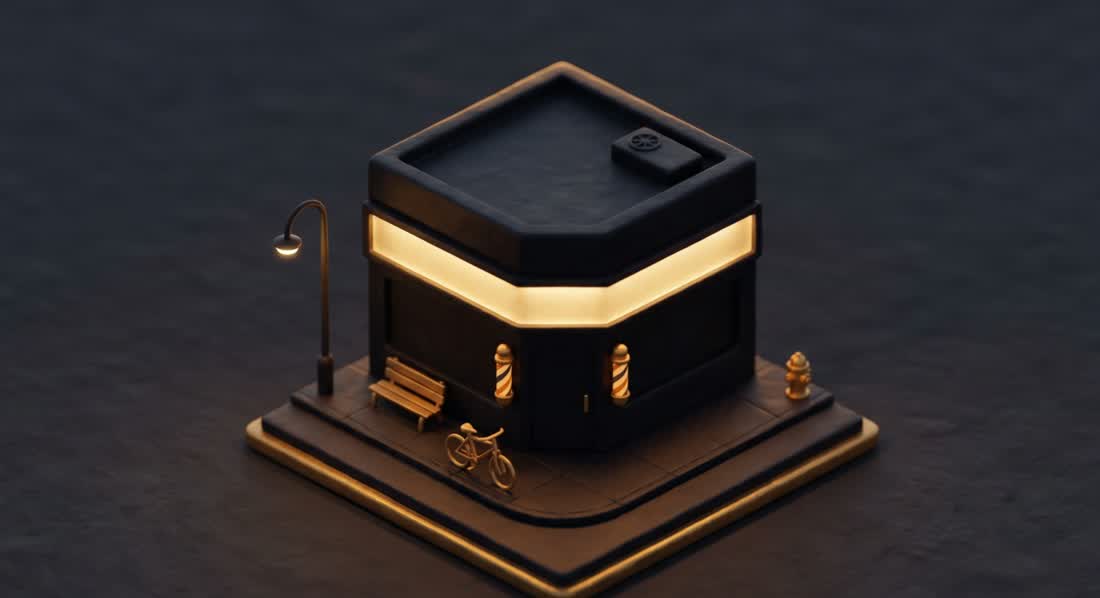 Miniature diorama of The Desi Fade Barber: a black corner shop with a glowing gold signage band and tiny barber poles